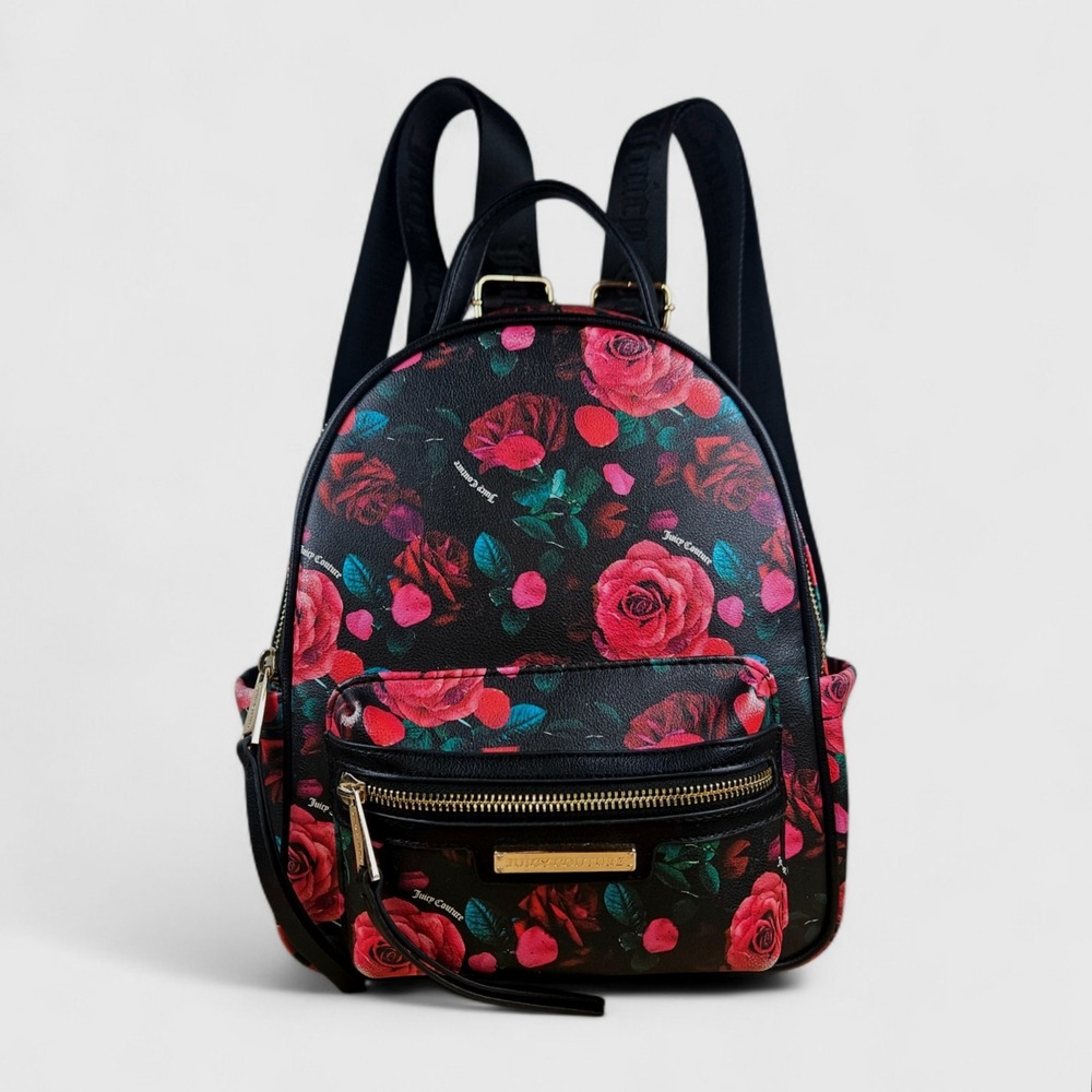 Juicy Couture Mini Backpack Black Red Pink Gold Floral Rose Print Adjustable